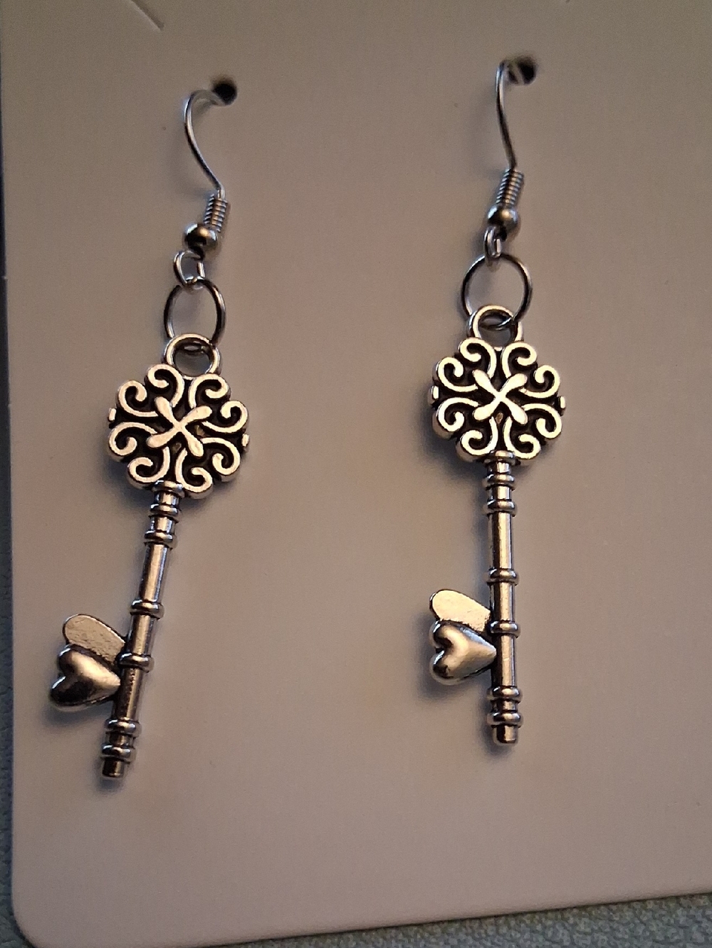 Vintage Key Drop Earrings in Silver Tone